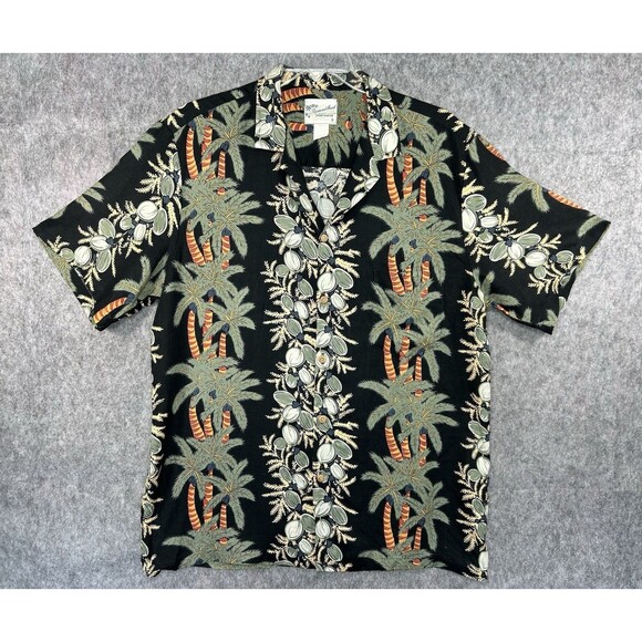 Vintage Diamond Head Hawaiian Shirt Men XL Black Palm Tree Tribal - Picture 1 of 7
